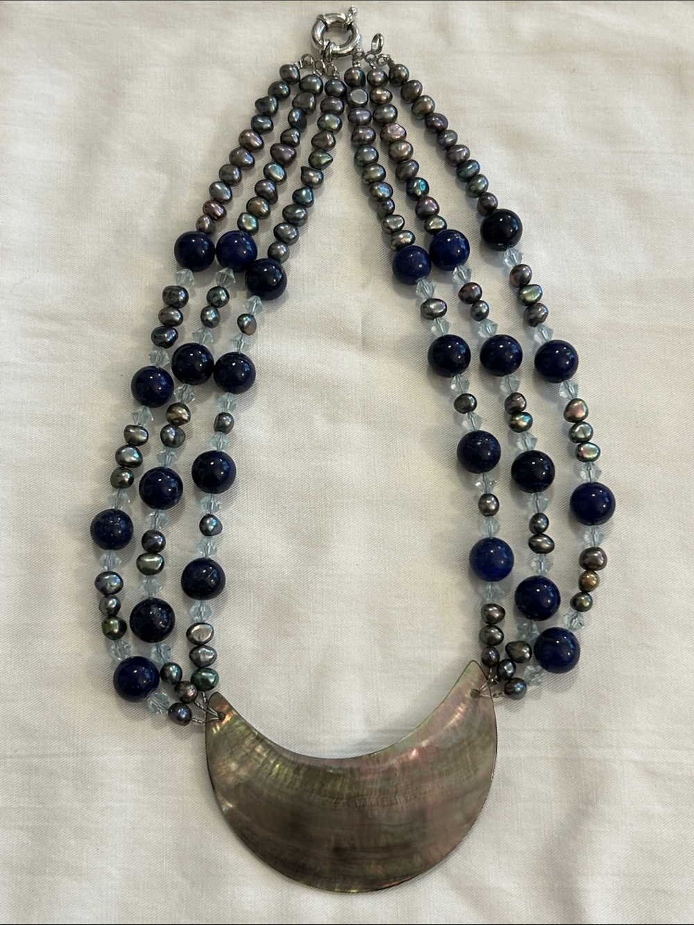 Multi-Strand Lapis Lazuli, Peacock Pearl Bead Necklace with Abalone Pendant